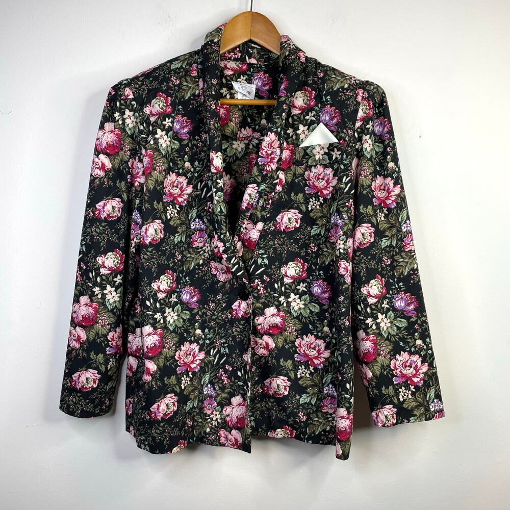 Vintage 90s Floral Flower Blazer Jacket Pouf Shoulders Black Pink Womens L XL
